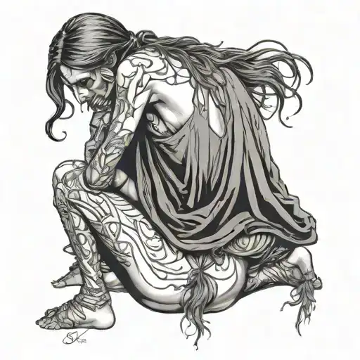 nude woman bent over hands bound behind back with grim reaper pulling her ponytail  tattoo design idea