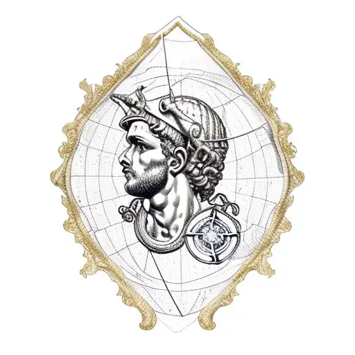 nautical map, roman statue, knight tattoo design idea
