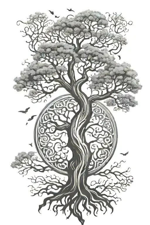 a barren Viking tree of life tattoo for a creative man which combines English, Irish, and Scottish elements. tattoo design idea