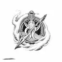 Posiedon Holding trident above waves and rocks tattoo design idea