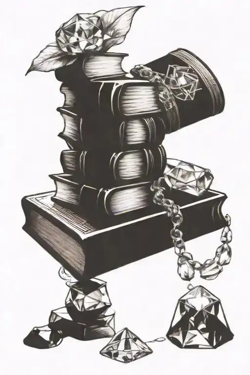 book stack with crystals on top tattoo design idea