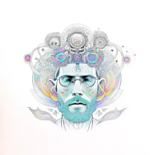a psychedelic head coming outside lsd dmt or Mushroom patterns full of colors with hippie symbols  tattoo design idea