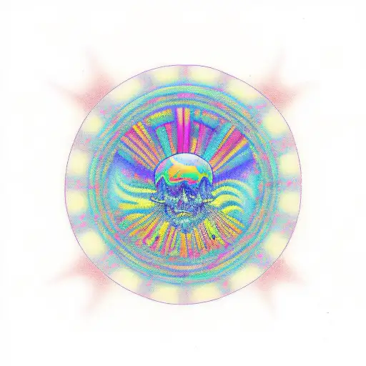 a psychedelic head coming outside lsd dmt or Mushroom patterns full of colors with hippie symbols  tattoo design idea