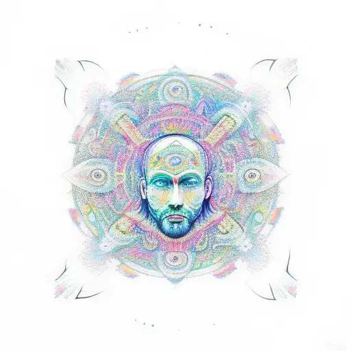 a psychedelic head coming outside lsd dmt or Mushroom patterns full of colors with hippie symbols  tattoo design idea
