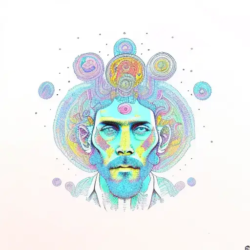 a psychedelic head coming outside lsd dmt or Mushroom patterns full of colors with hippie symbols  tattoo design idea
