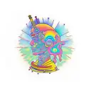 a psychedelic head coming outside lsd dmt or Mushroom patterns full of colors with hippie symbols  tattoo design idea