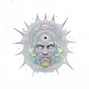 a psychedelic head coming outside lsd dmt or Mushroom patterns full of colors with hippie symbols  tattoo design idea