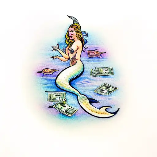 A mermaid swimming in a sea of dollar bills tattoo design idea