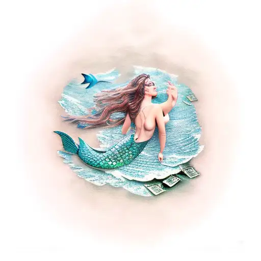 A mermaid swimming in a sea of dollar bills tattoo design idea