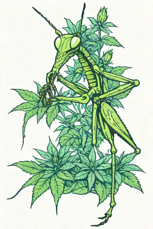 Praying mantis in a marijuana field tattoo design idea