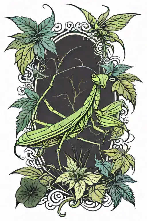 Praying mantis in a marijuana field  tattoo design idea