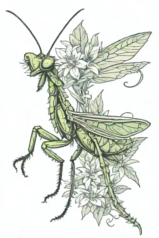 Praying mantis in a marijuana field tattoo design idea