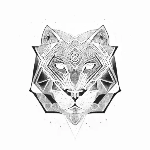A geometric panther head with Aztec-inspired patterns tattoo design idea