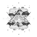 An Aztec-inspired pattern of mountains and trees, with a coffee cup nestled in the center tattoo design idea