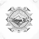 An Aztec-inspired pattern of mountains and trees, with a coffee cup nestled in the center tattoo design idea