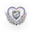 flaming heart with dagger. banner across heart. dagger surrounded by white hydrangeas. banner reads "MOTHERS SON" tattoo design idea