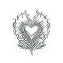 flaming heart with dagger. banner across heart. dagger surrounded by white hydrangeas. banner reads "MOTHERS SON" tattoo design idea