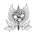 flaming heart with dagger. banner across heart. dagger surrounded by white hydrangeas. banner reads "MOTHERS SON" tattoo design idea