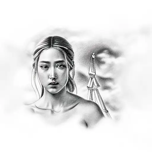 A realistic portrayal of a Greek mythology scene with Japanese architecture incorporated in the background and clouds floating above tattoo design idea
