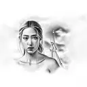 A realistic portrayal of a Greek mythology scene with Japanese architecture incorporated in the background and clouds floating above tattoo design idea