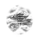 A realistic portrayal of a Greek mythology scene with Japanese architecture incorporated in the background and clouds floating above tattoo design idea