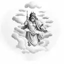 A realistic portrayal of a Greek mythology scene with Japanese architecture incorporated in the background and clouds floating above tattoo design idea
