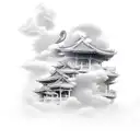 A realistic portrayal of a Greek mythology scene with Japanese architecture incorporated in the background and clouds floating above tattoo design idea