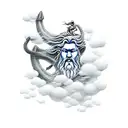 Poseidon riding a cloud in Japanese architectural style tattoo design idea