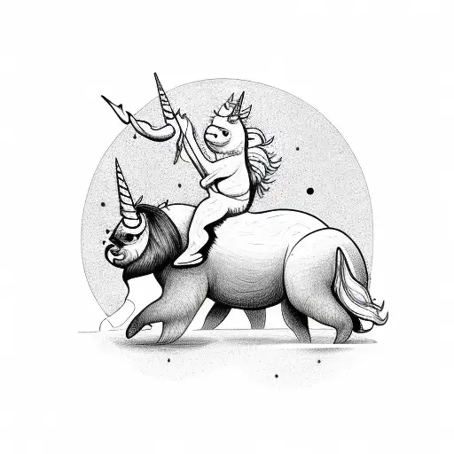 unicorn with sloth riding on back tattoo design idea