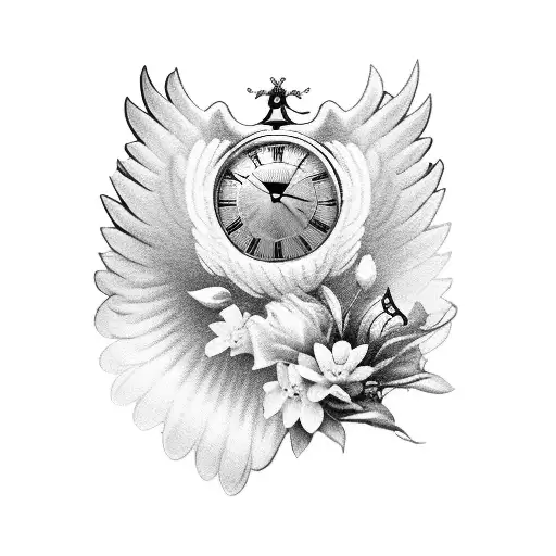 angel wing with clock and flowers  tattoo design idea