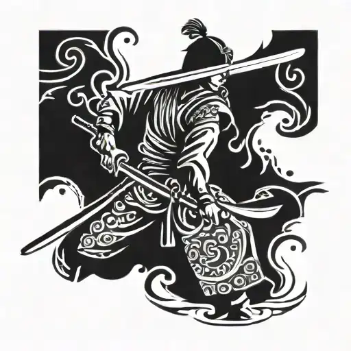 A Japanese samurai warrior welding a traditional katana sword, with African tribal patterns incorporated into the background tattoo design idea