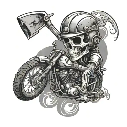 Create a tattoo of a skull wearing a motocross helmet, holding a pickaxe and surrounded by coal, representing the client's passion for motocross and coal mining tattoo design idea