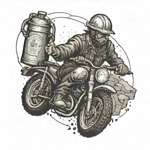 A coal miner riding a dirtbike with a rum bottle in hand tattoo design idea