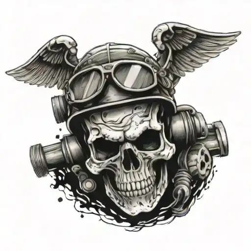 A skull with motocross goggles and a coal miner's helmet, surrounded by dirtbike tracks tattoo design idea
