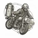 A coal miner riding a dirtbike with a rum bottle in hand tattoo design idea