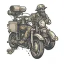 A coal miner riding a dirtbike with a rum bottle in hand tattoo design idea