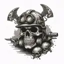 A skull with motocross goggles and a coal miner's helmet, surrounded by dirtbike tracks tattoo design idea