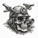 A skull with motocross goggles and a coal miner's helmet, surrounded by dirtbike tracks tattoo design idea