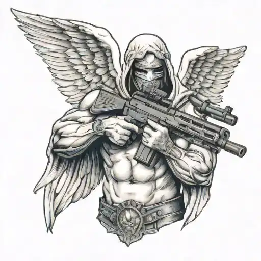 shirtless angel with no face holding realistic colt m4 rifle  tattoo design idea