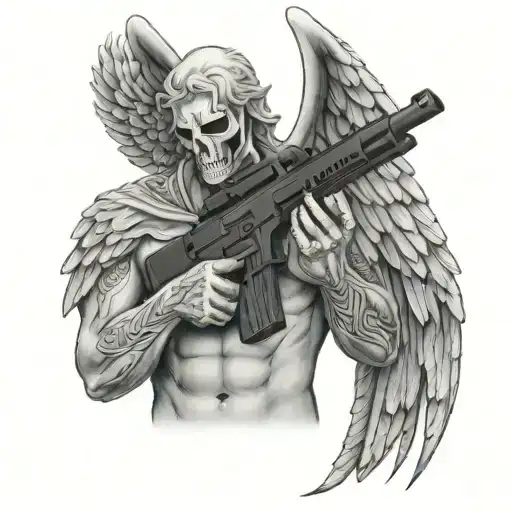 shirtless angel no face holding colt m4 rifle crossed tattoo design idea
