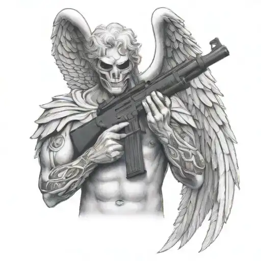 shirtless angel no face holding colt m4 rifle crossed tattoo design idea