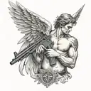 shirtless angel with no face holding realistic colt m4 rifle  tattoo design idea
