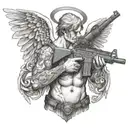 shirtless angel with no face holding realistic colt m4 rifle  tattoo design idea