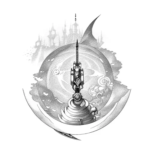 treasure planet moon city with sword through it tattoo design idea