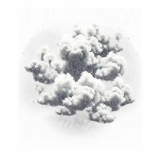 Money falling from the sky forming architectural structures, with smoke rising from them tattoo design idea