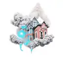 Money falling from the sky forming architectural structures, with smoke rising from them tattoo design idea