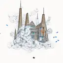 Money falling from the sky forming architectural structures, with smoke rising from them tattoo design idea