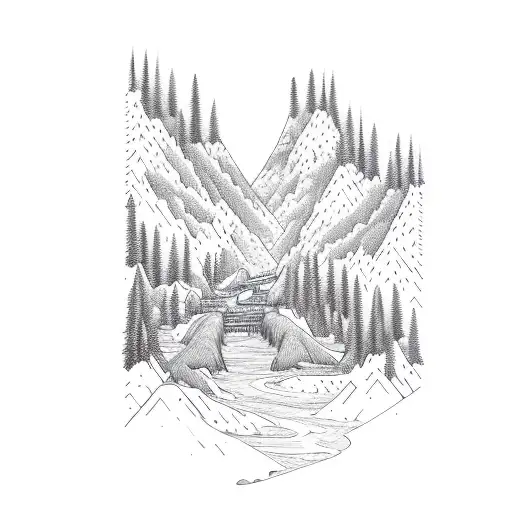 a man with forest, waterfall, valcano, tsunami, earthquake and floods tattoo design idea