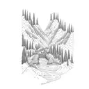 a man with forest, waterfall, valcano, tsunami, earthquake and floods tattoo design idea