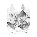 a man with forest, waterfall, valcano, tsunami, earthquake and floods tattoo design idea